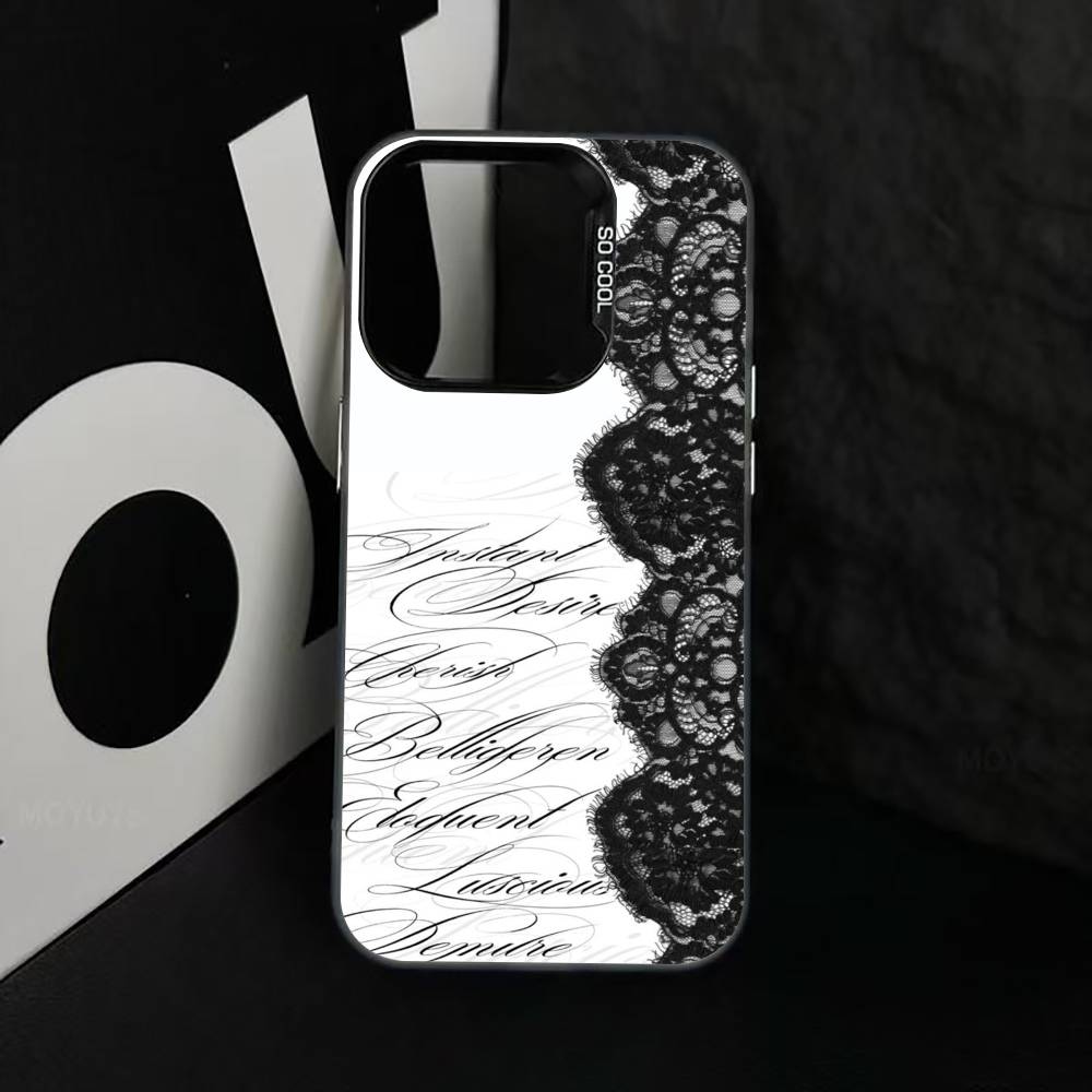 B-Black lace print Phone Case For iPhone 17,16,15,14,13,12,11 Plus,Pro Max,XS,Colorful Silver Black Cover