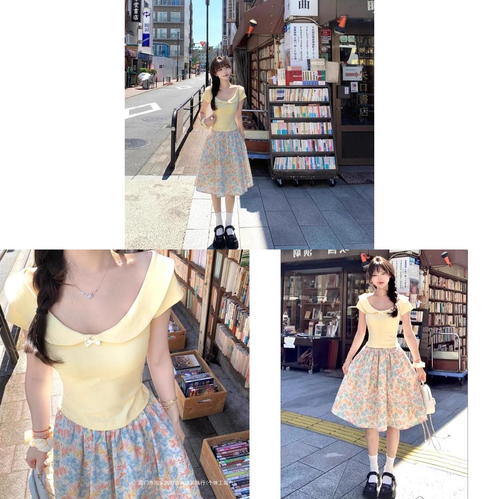 Vintage Korean Style Floral Print Midi Skirt With Elastic Waist For Casual Spring Fashion