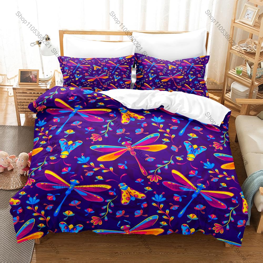 Cute Cartoon Dragonfly 3 Piece Bedding Set Soft Microfiber Duvet Cover Set with Pillowcases for Kids Bedroom Decor All Season