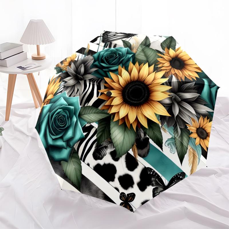 1pc Zebra Stripes and Floral Bouquet Umbrella with Plastic Handle,Suitable for All Seasons Home Travel Outdoor UmbrellaDD1402