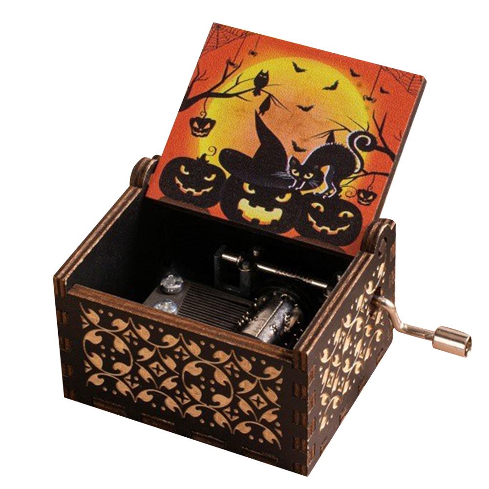 

Деревянная антикварная гравированная музыкальная шкатулка в канун Хэллоуина, музыкальная шкатулка «Ночь страха», заводная музыкальная шкатулка для вечеринки на Хэллоуин