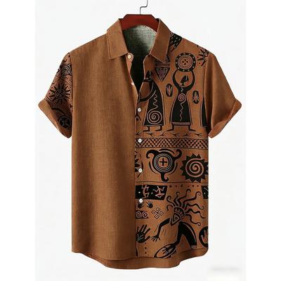 Men's New Ethnic Style Tribal Pattern 3D Printed Shirt Hawaiian Tropical Short-sleeved Linen Breathable Outdoor Clothes for Men