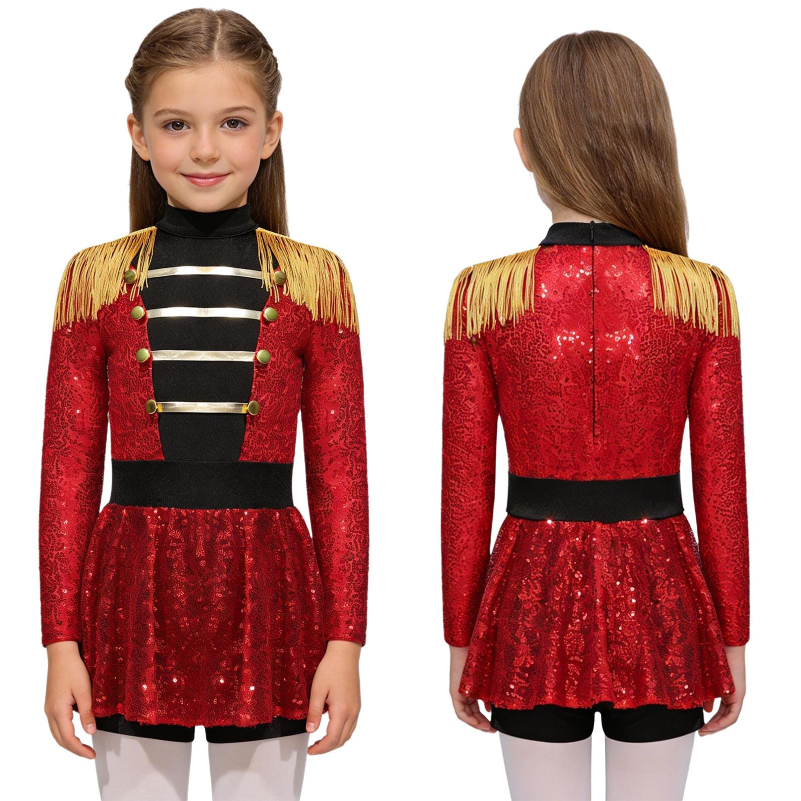 Kinder Mädchen Zirkusdirektorin Kostüm Langarm Quaste Glänzende Pailletten Kleid Jumpsuit Halloween Ausgefallenes Cosplay Outfit 11-12 Years rot