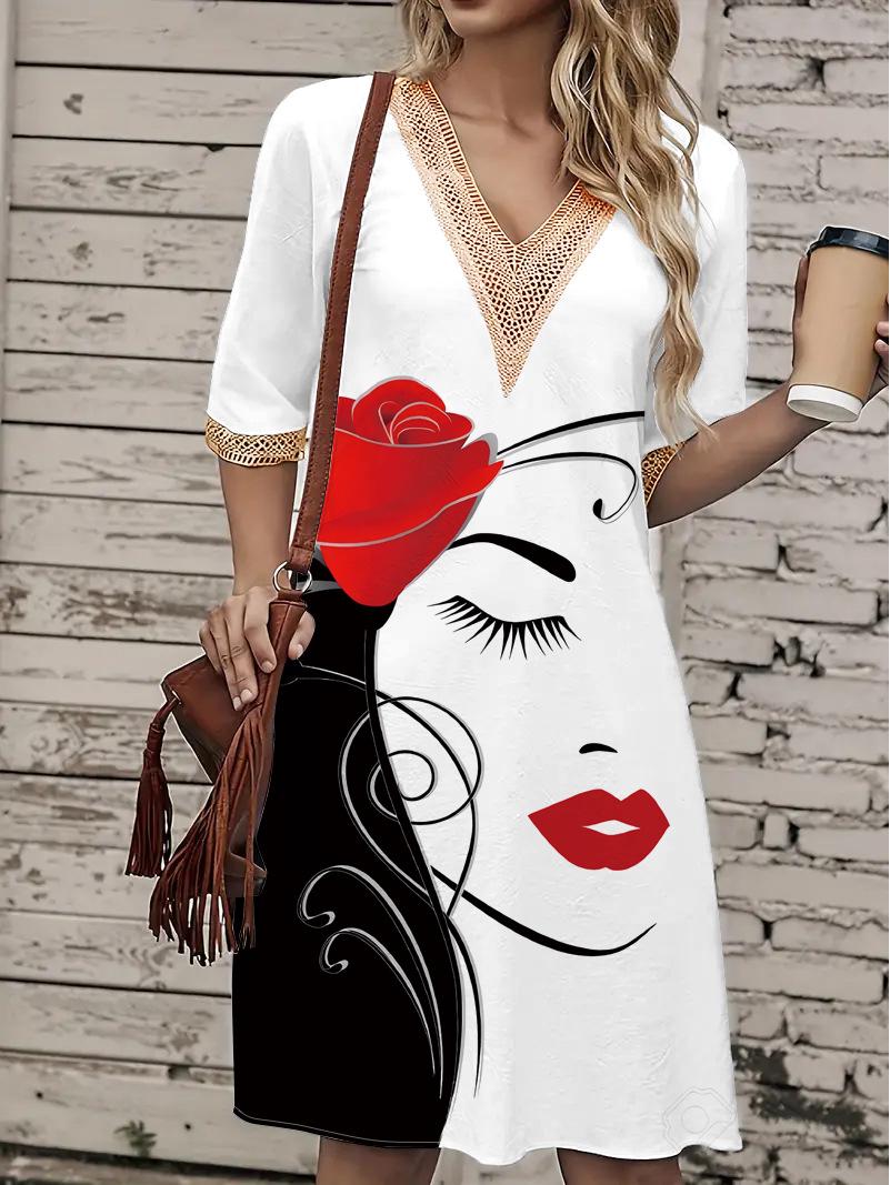 

Европейское и американское миди-платье с V-образным вырезом и кружевным принтом 2025 года - Свободный крой и короткие рукава S