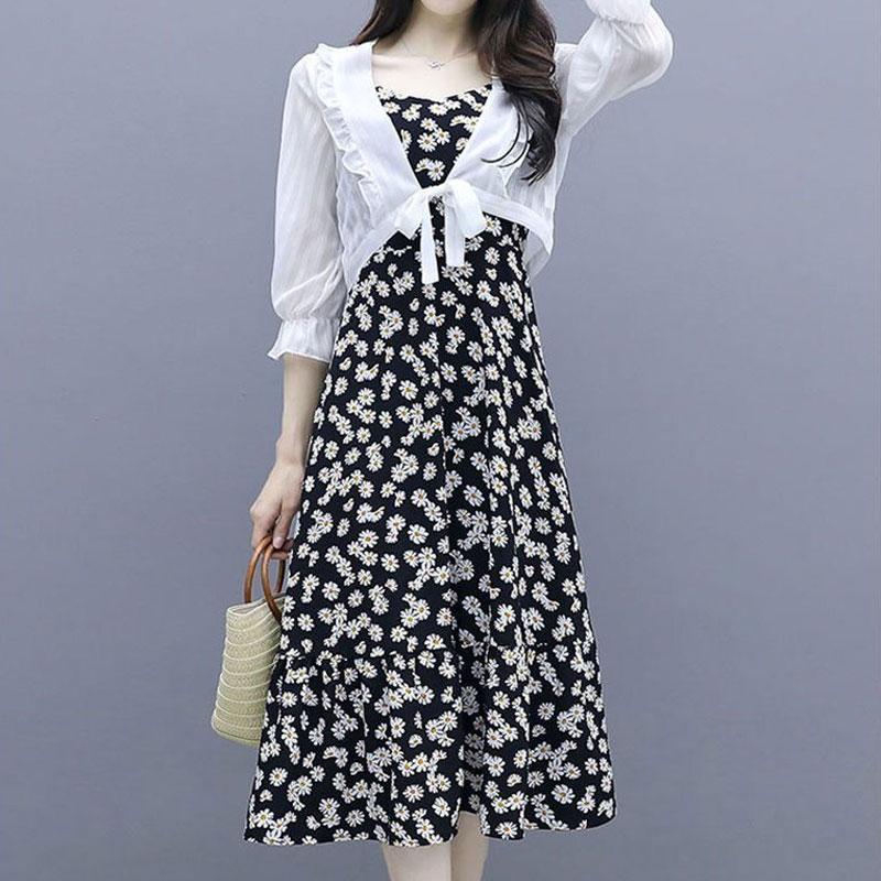 2024 Summer Thin New Broken Flowers Dresses Beach Style Women's Clothing Vintage Sleeveless A-Line Waist Commute Slip Midi Dress