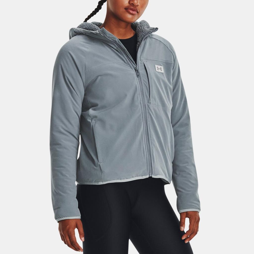 Under Armour UA Latitude Logo Print Fleece Hooded Long Sleeve Jacket Women Jackets Gray 1373289-002