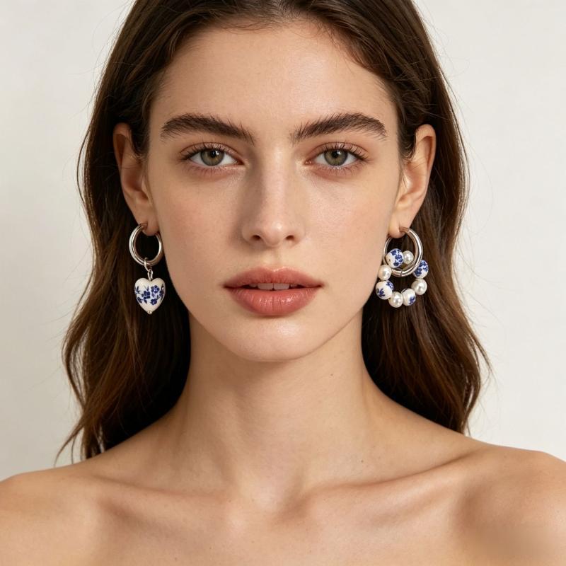 1 Pairs Chinese Style Imitation Blue And White Heart Ceramic Pendant Earrings Stainless Steel Ear Buckle Accessories