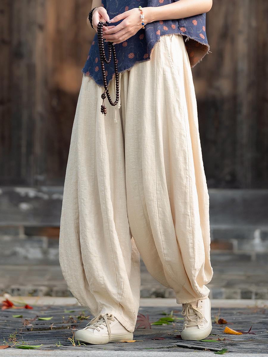 Women s Artistic Retro Loose Cotton Linen Pumpkin Patchwork Lantern Pants One Size