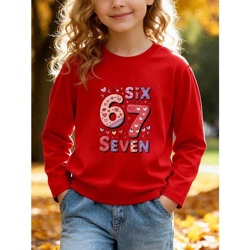 Kids Unisex Pink Crewneck Sweatshirt, Cute Heart Arrow Cartoon 67 Six Seven Print Long Sleeve Pullover, Soft Fleece Sweatshirts for Boys Girls Ages 4+