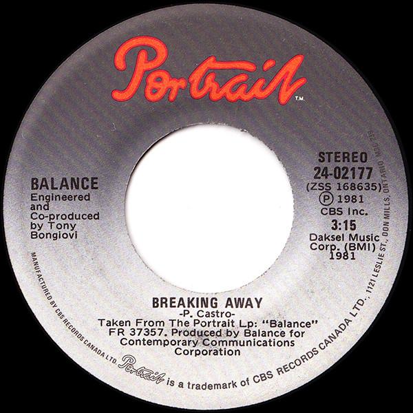 

7inch Record BALANCE - Breaking Away 2402177 Portrait 1981 Canada Rock Used