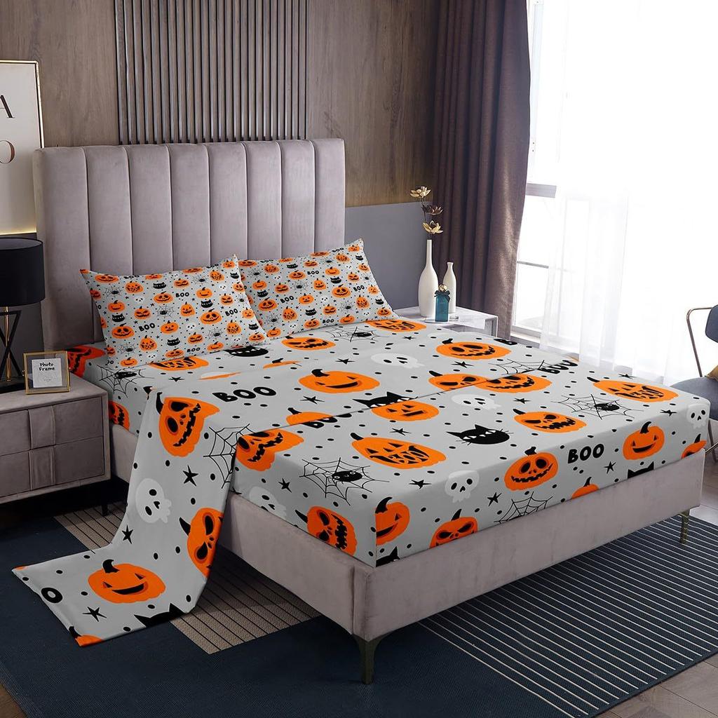 Halloween-Themed Pumpkin Pattern Bed Hat Four-Piece Bedding Set Bedroom Dormitory Bedding Decoration