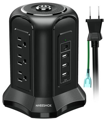 Tower-type Power Strip with Type-C, PD Function, USB Outlet, 2m Extension Cord, Surge Protection, 9 AC Outlets, 4 USB Ports, Multi-outlet, Table Tap,