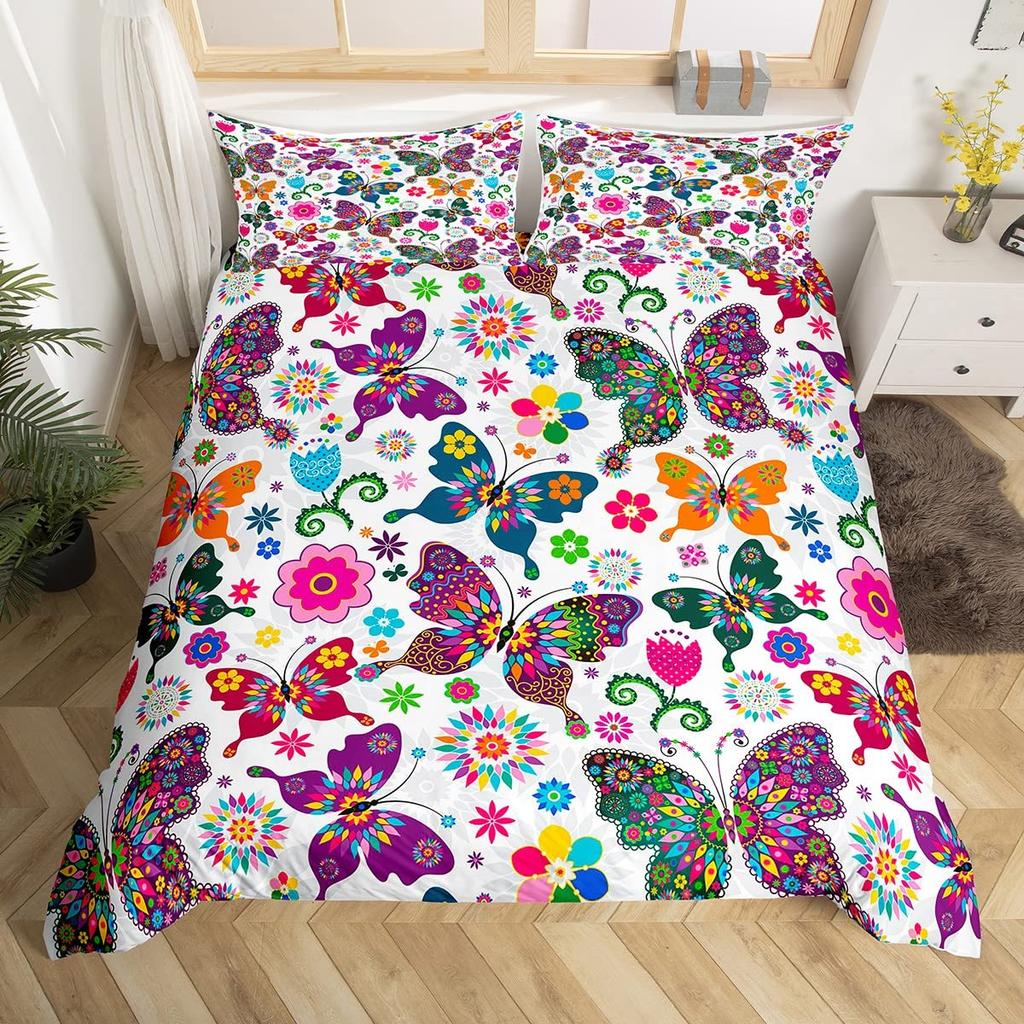 Fantasy Blomma Fjäril Påslakanset För Vuxna,Tonåringar,Lyxigt 3D-Tryckt Färgglada Fjärilar Och Ros Polyester Sängkläder Set