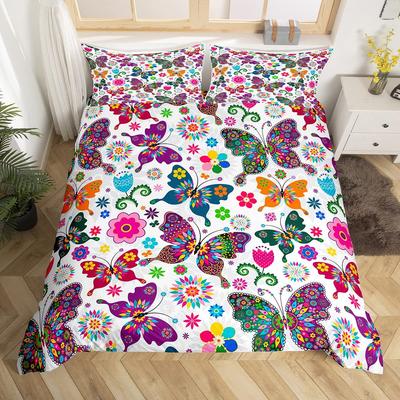 Duvet Cover Set Queen Size Butterfly Bedding Set for Kid Teens Gift Gorgeous Colorful Butterflies Floral Flowers Zipper 3 Pieces