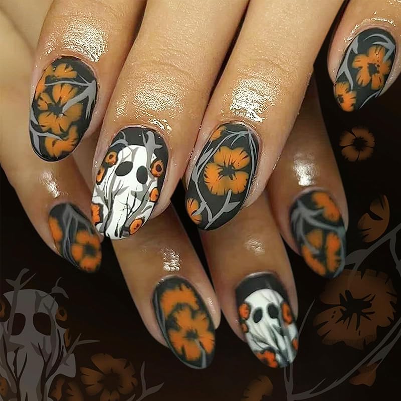 Halloween Press on Nails Medium Almond Fake Nails with Designs Cute Ghost Stick on Nails Rainbow Swirl False Nails Bat Acrylic Nails Cobweb