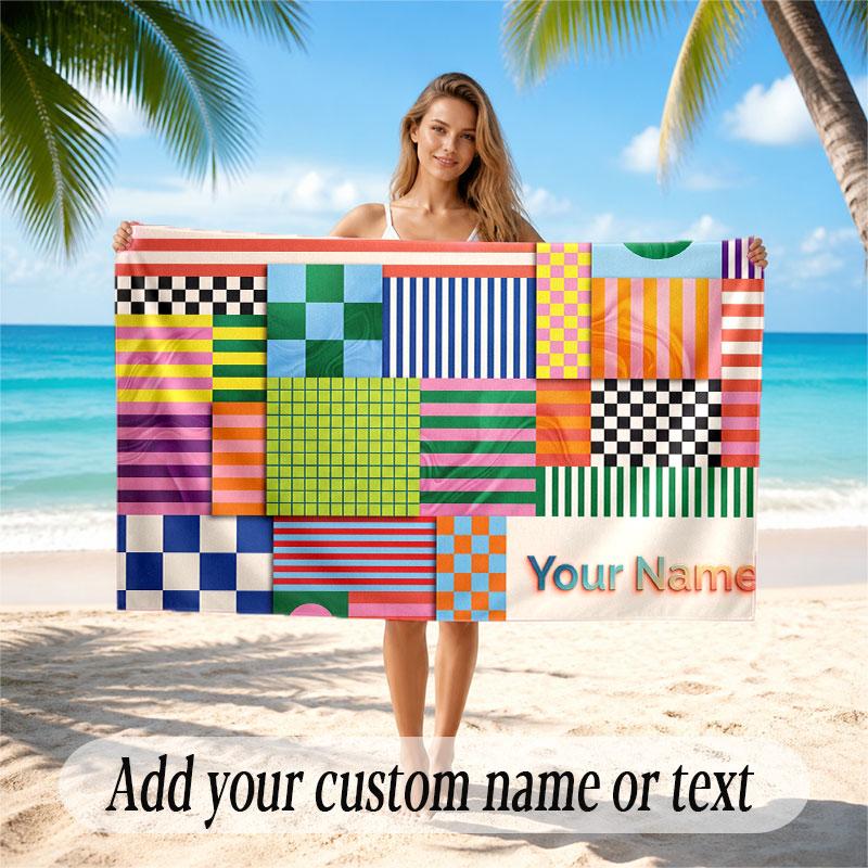 Abstract Geometric Theme Soft Beach Towel Personalized Custom Name Text Towel Portable for Beach Pool Travel