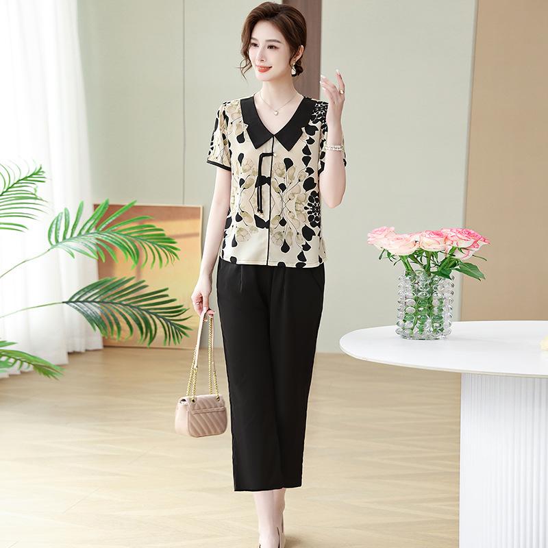 

Летний комплект из двух предметов для женщин среднего возраста с футболкой и рубашкой для мамы среднего возраста XL чёрный