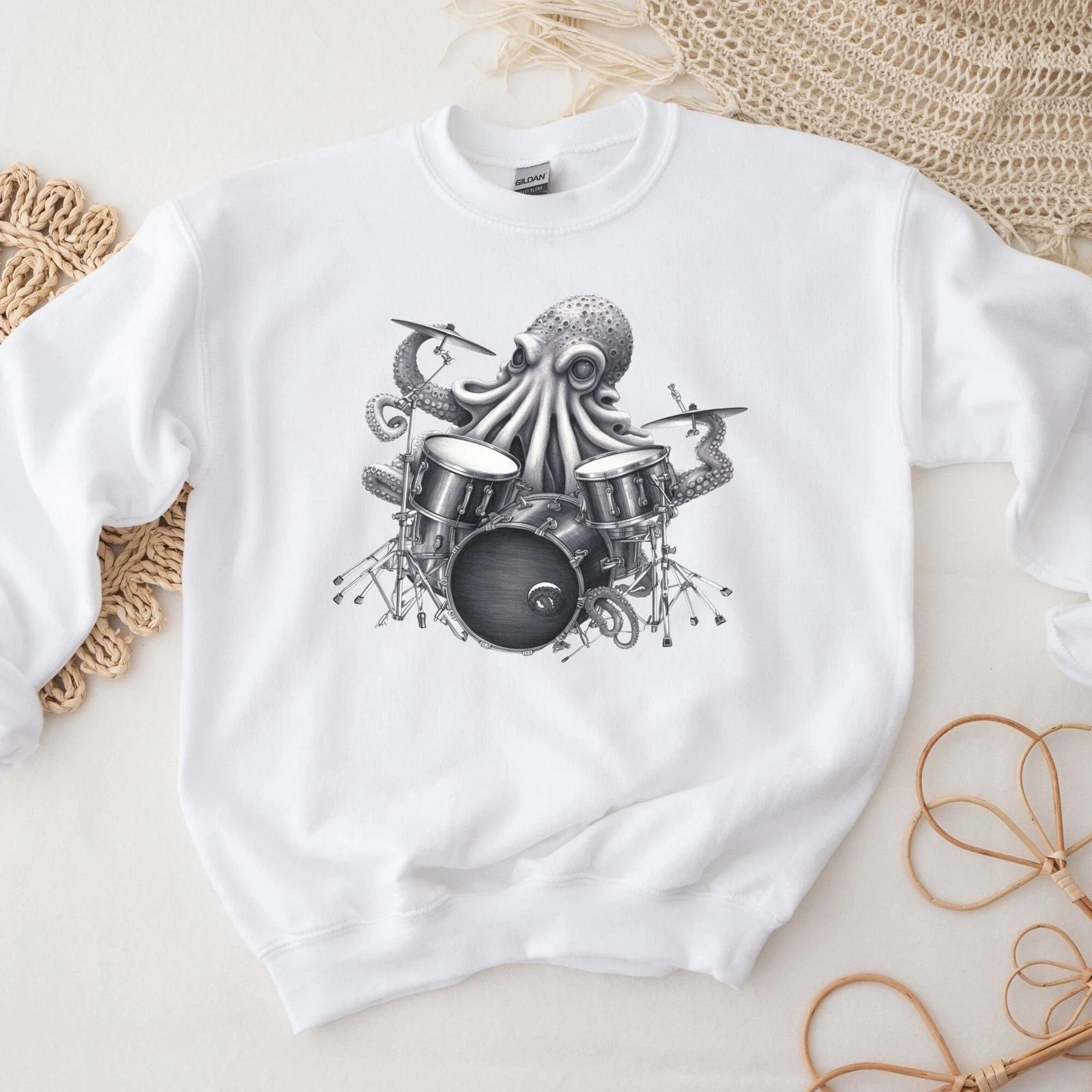 Octopus Playing Drums Sweatshirt Drummer XL