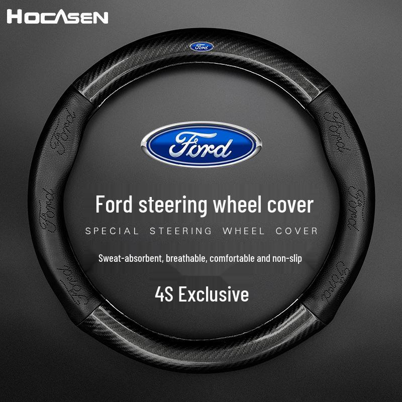 Genuine Leather & Carbon Fiber Steering Wheel Cover for Ford Focus, Mondeo, Kuga, Edge, Taurus