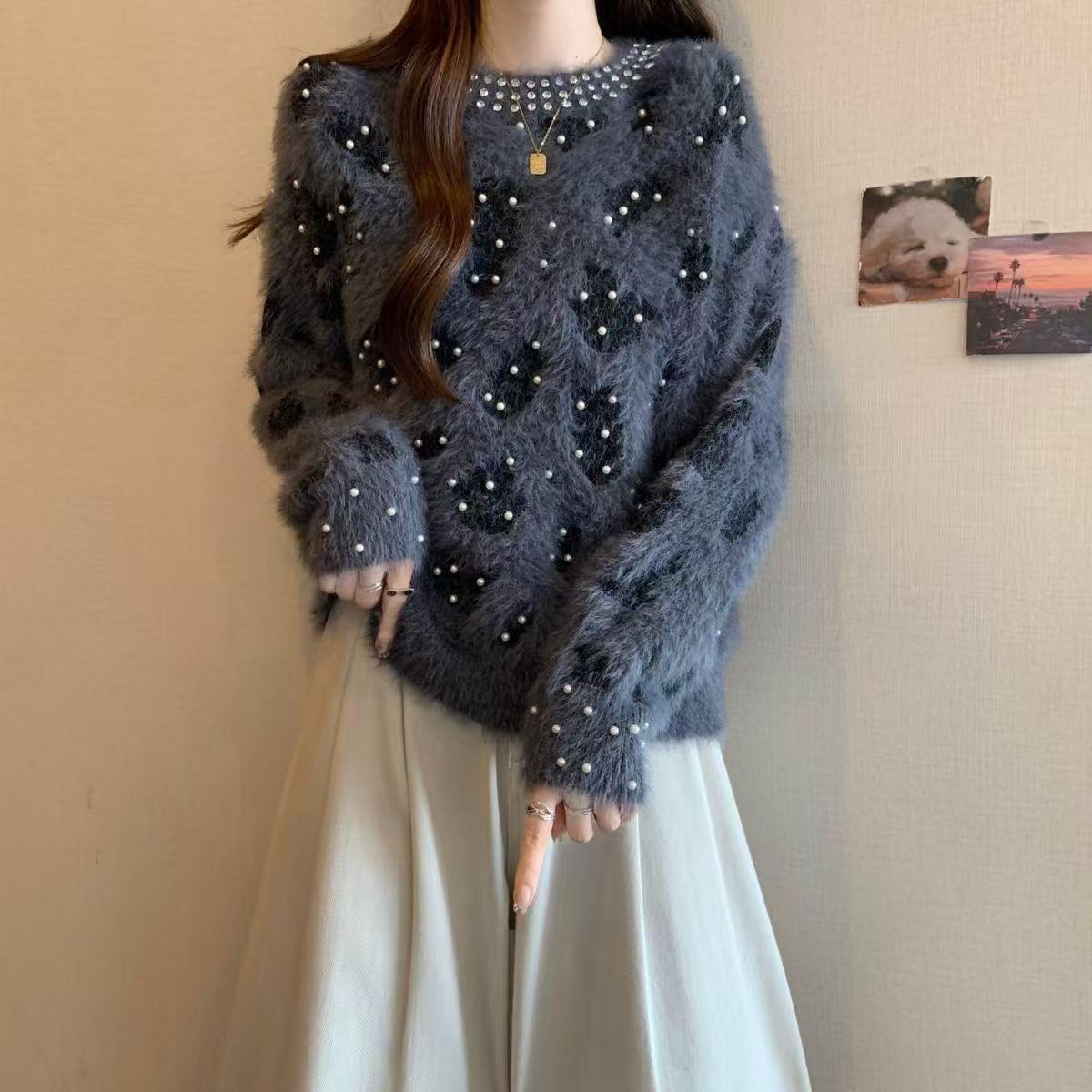 

Осень Зима Женский Свитер из Норкового Флиса с Бусинами, Цветной Блок, С Круглым Вырезом, Пуловер, Мягкий Теплый Вязаный Топ L серый