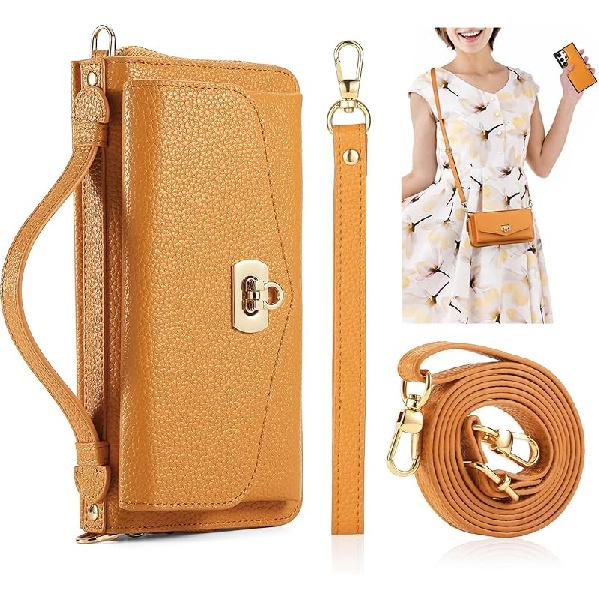 Crossbody Wallet Case for Samsung Galaxy S24 Ultra, Magnetic Detachable PU Leather Flip Phone Case with Card Holder RFID Blocking Wristlet Mirror