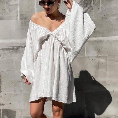 Summer V Neck Sexy Dress Women Fashion Long Sleeve Loose Pleated Party Short Dress Woman Elegant Casual Beach Plus Size Dresses Clothes