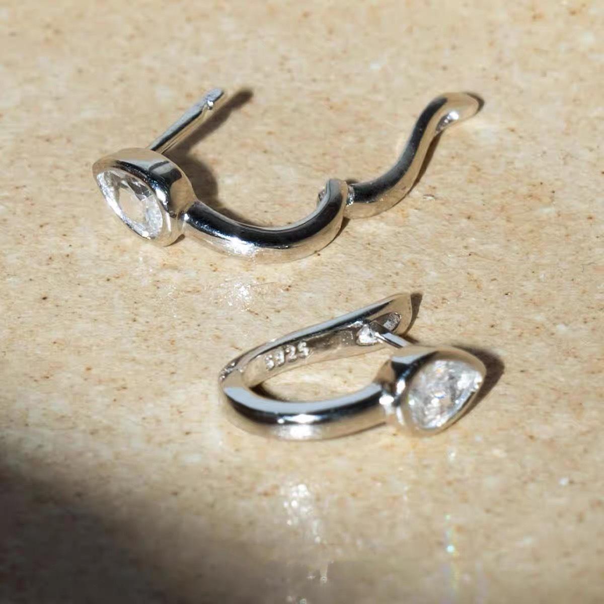 S925 Sterling Silver Plated White Gold Water Drop Zirconia U-Shaped Ear Cuff Earrings for Women - Niche, Elegant, Versatile Design S925 Silver