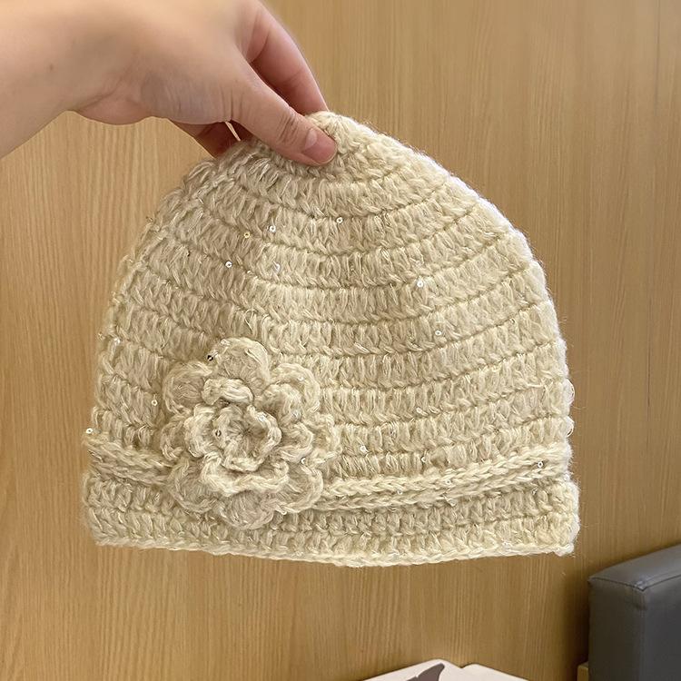 

A Unique Handcrafted Crocheted Three dimensional Flower Pullover Hat for Women An Elegant and Versatile Sequined Headpiece for Autumn and Winter average size (55-58cm)