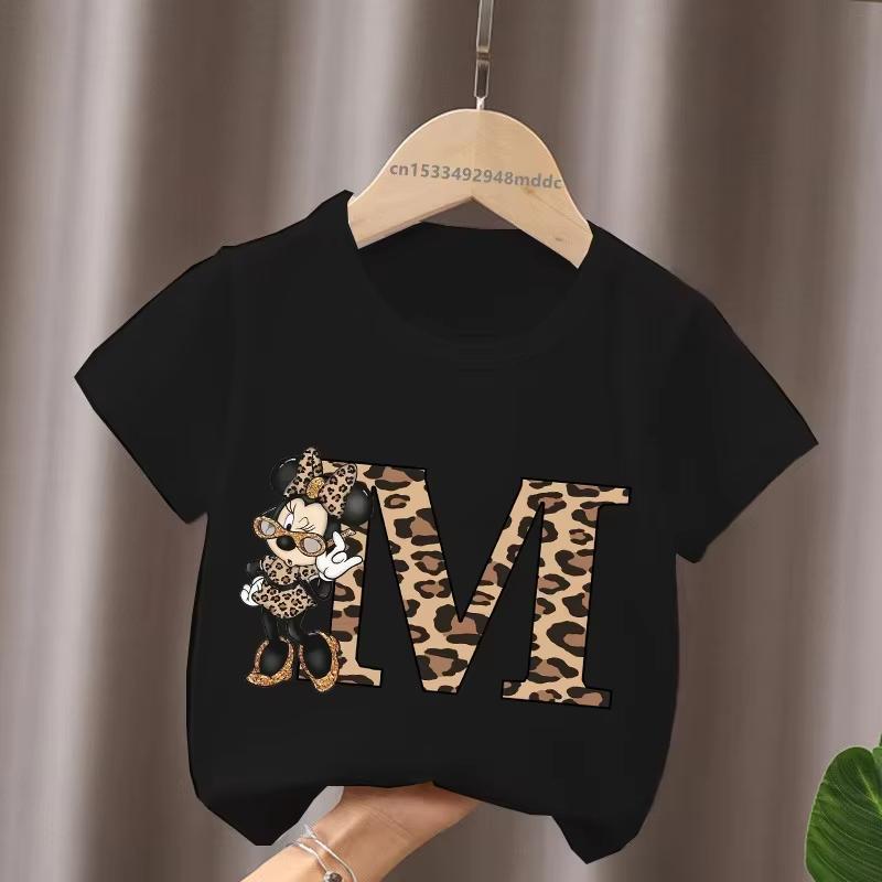 Mouse Leopard Letter A B C Name Print Unisex Women Tops Kids Tshirt Clothes Black Short Sleeve Black T Shirt