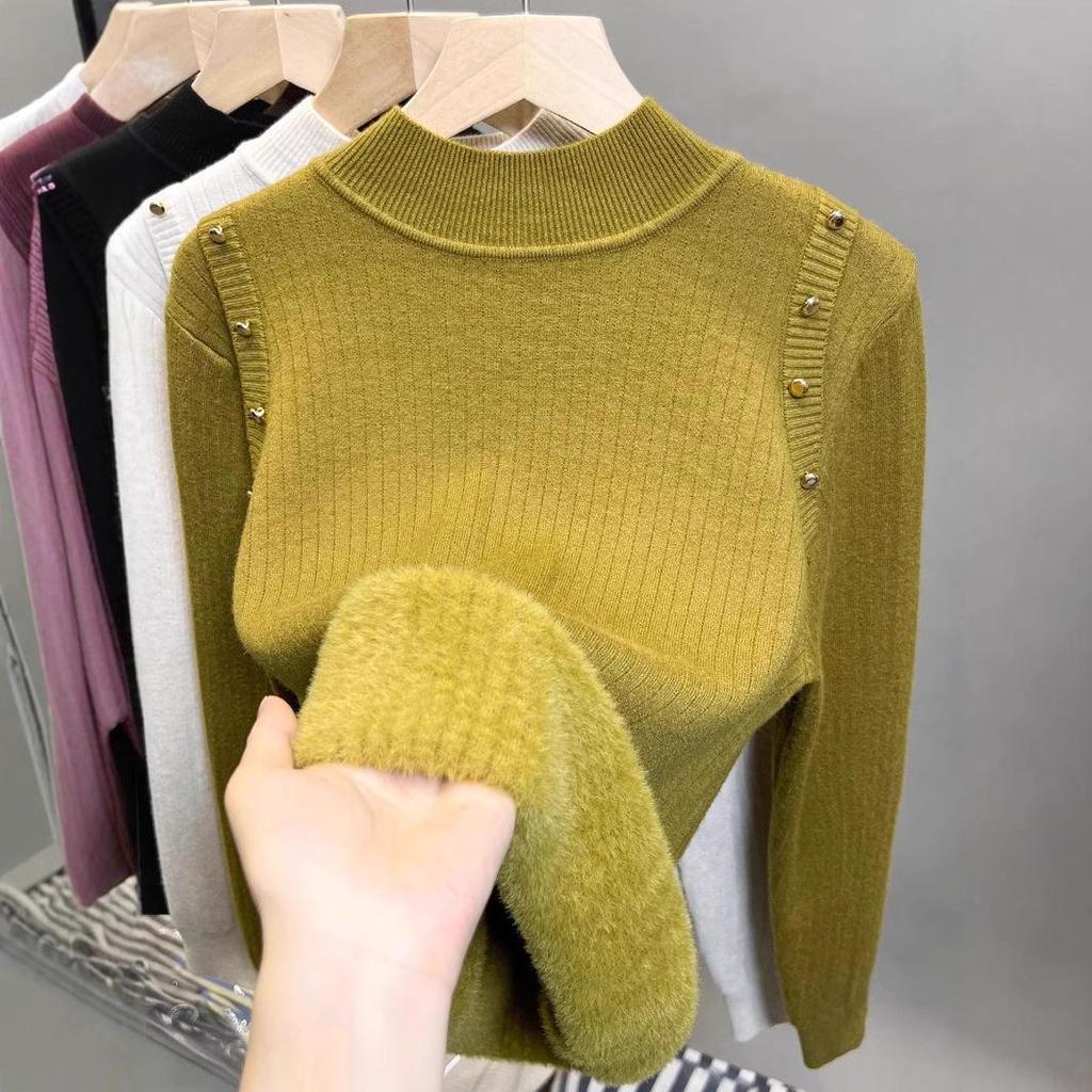 Damen Herbst- und Winterpullover Plus Samt Halber Rollkragen Unterhemd All-in-One Samt Verdicktes Sweatshirt Neuer Strickpullover Top