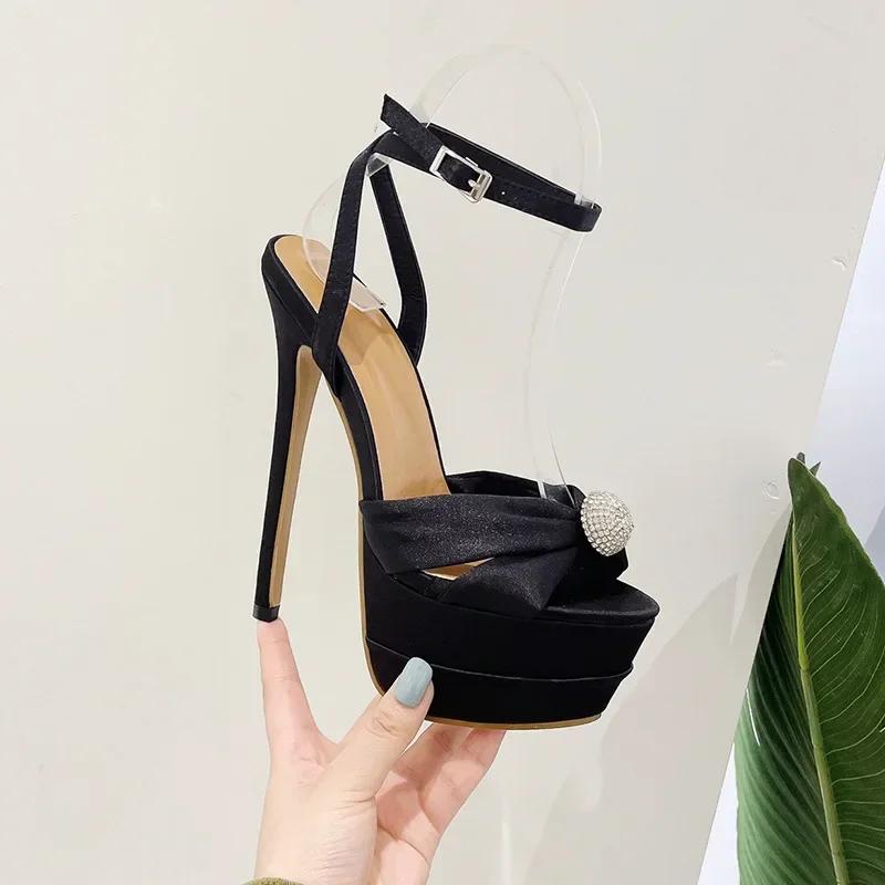 Fashion Luxury Crystal Buckle Strap Platform Sandals Sexy Peep Toe 16CM Thin High Heels for Women Elegant Sandals Banquet Party Shoes