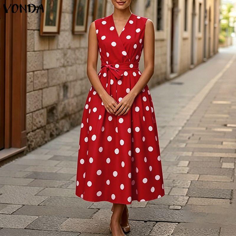 VONDA Rochie lungă de vară pentru femei, stil retro, fără mâneci, cu imprimeu buline, casual, rochie de soare