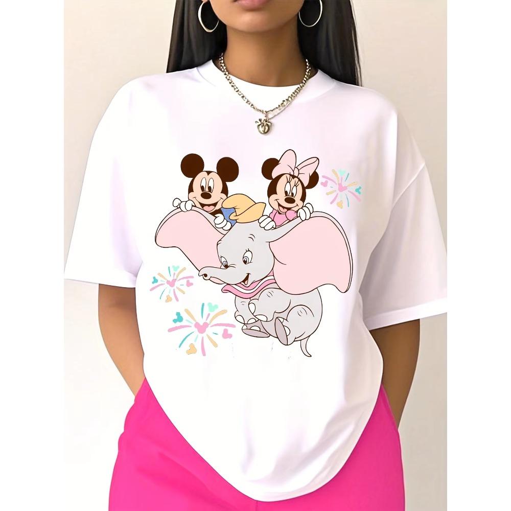 Mickey Minnie and Dumbo Cartoon Print Shortsleeved Tshirt Cute and Innocent Style Suitable for Womens Daily Wear