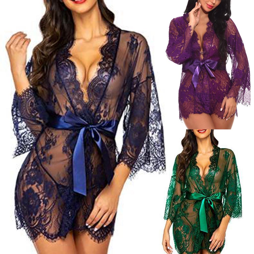 Fashion Women Sexy Dressing Gown Babydoll Lace Lingerie Belt+G-string Bath Robe