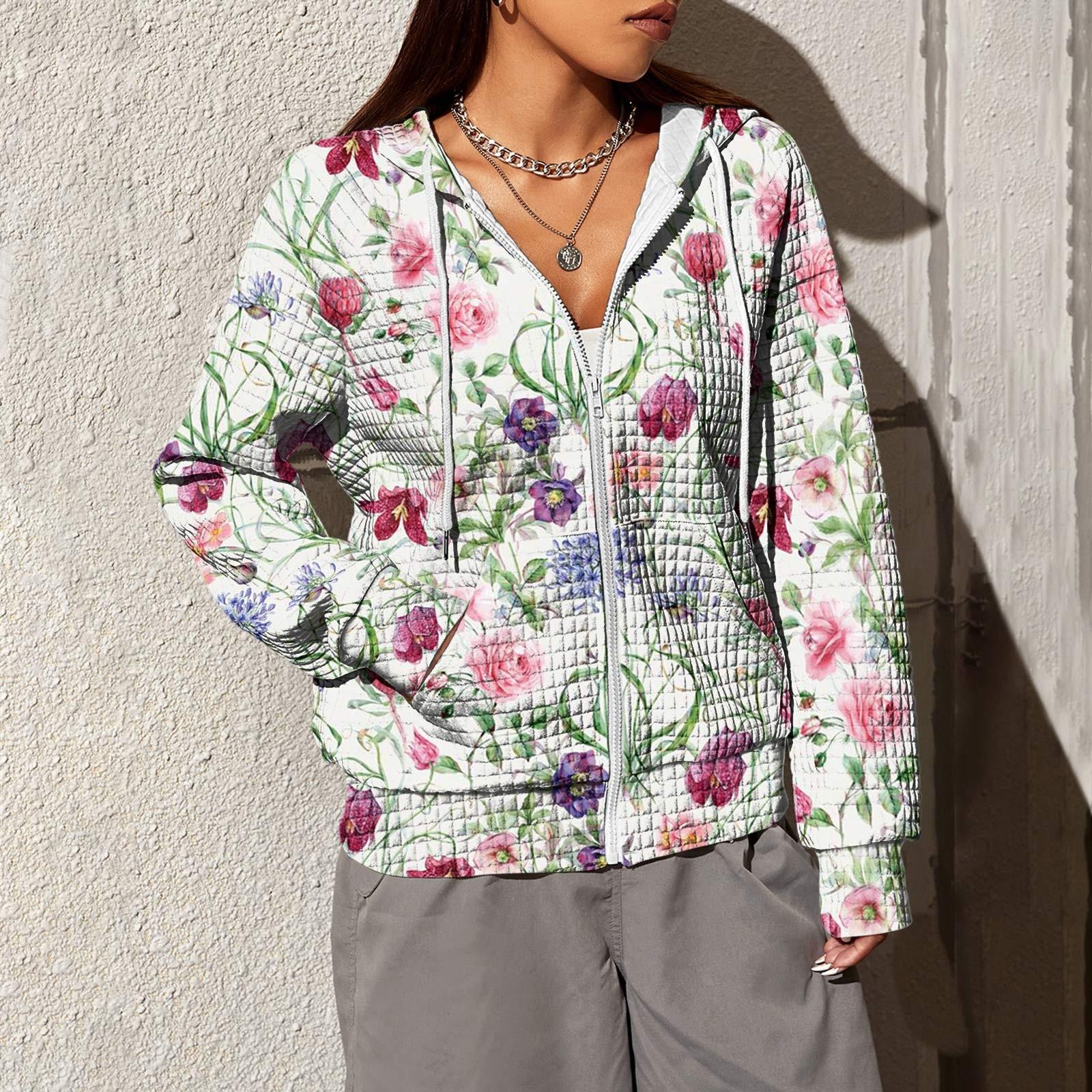 

Женская мода с цветочным принтом и длинными рукавами, свободная толстовка с капюшоном и карманом на молнии, куртка L
