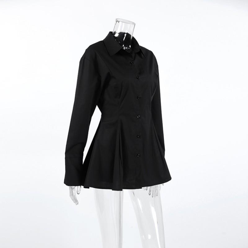 Womens Slim Fit Pleated Cotton Blouse Long Sleeve Office Shirt Mid-Length Brown White Black