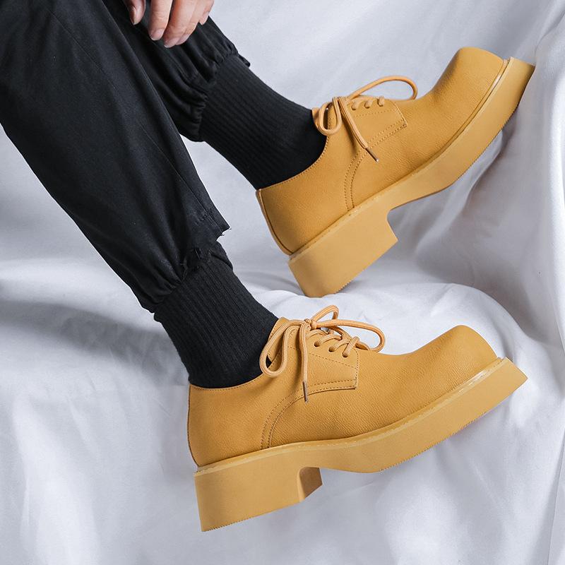 Heightening Paris Big Head Leather Shoes Men's Couple Derby Retro High Street Handsome Thick-soled Yellow Ins Leather Shoes 9522-R