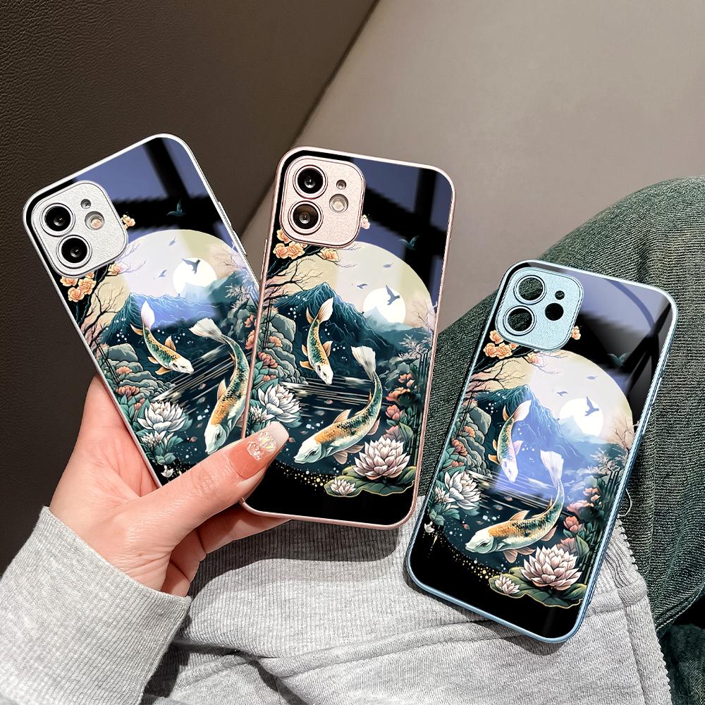 LotusFlower Goldfish Phone Case Metallic Lacquer Tempered Glass Shockproof Cover for Huawei Honor iPhone OPPO Realme OnePlus Xiaomi Redmi Samsung Vivo