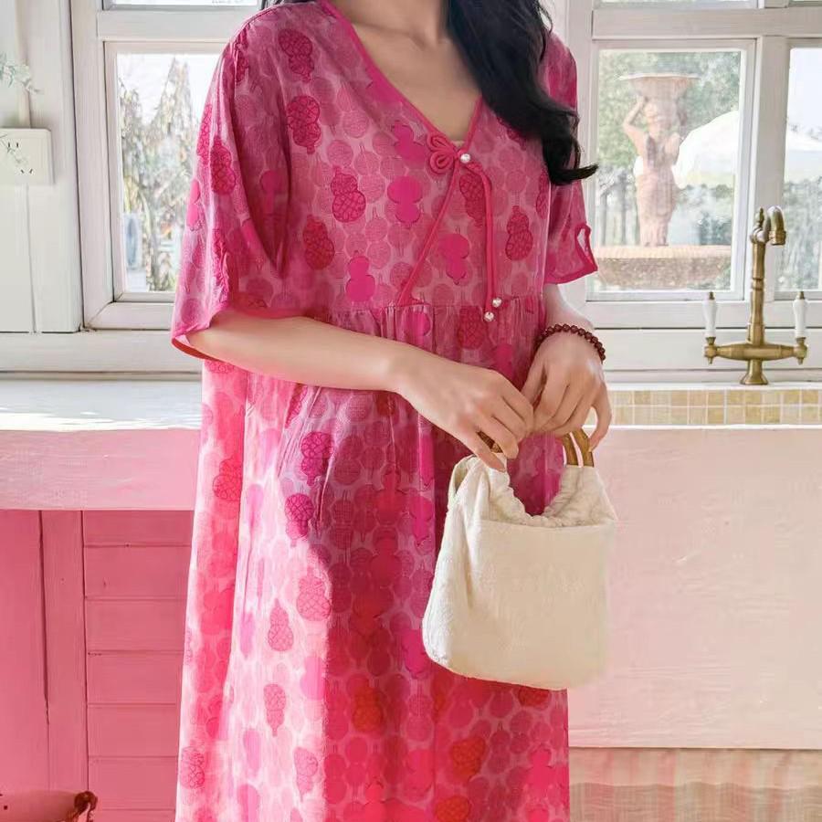 2026 Women's Lyocell Cotton Nightgown - Summer Short Sleeve, Outdoor & Homewear, New Chinese Style, Plus Size