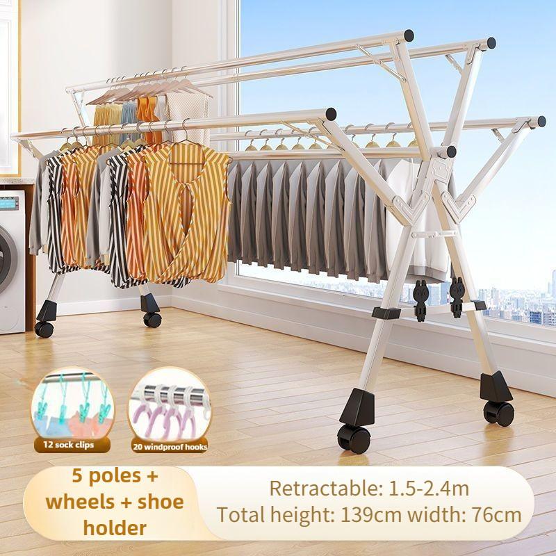 Household Foldable Clothes Hanger Rack Balcony 5 Pole Extendable Clothes Drying Tool Stainless Steel Clothes Drying Rack