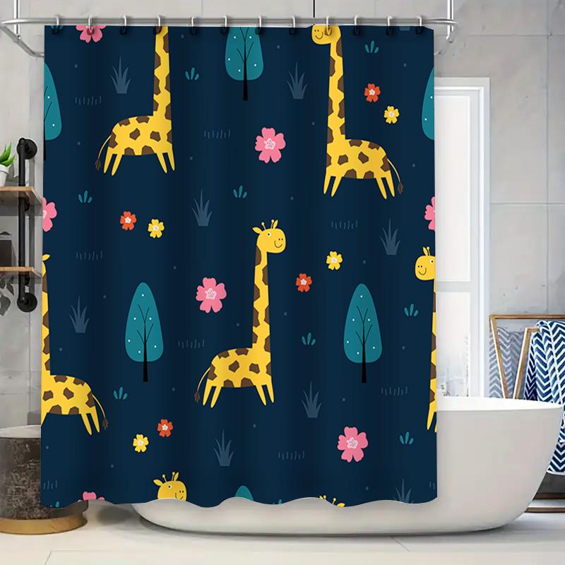 

Giraffe Shower Curtain Cartoon Animal Print Bath Decor Waterproof Fabric Blue Floral Design For Children S Bathroom Set Accessor W60H190(CM)-1 Pcs