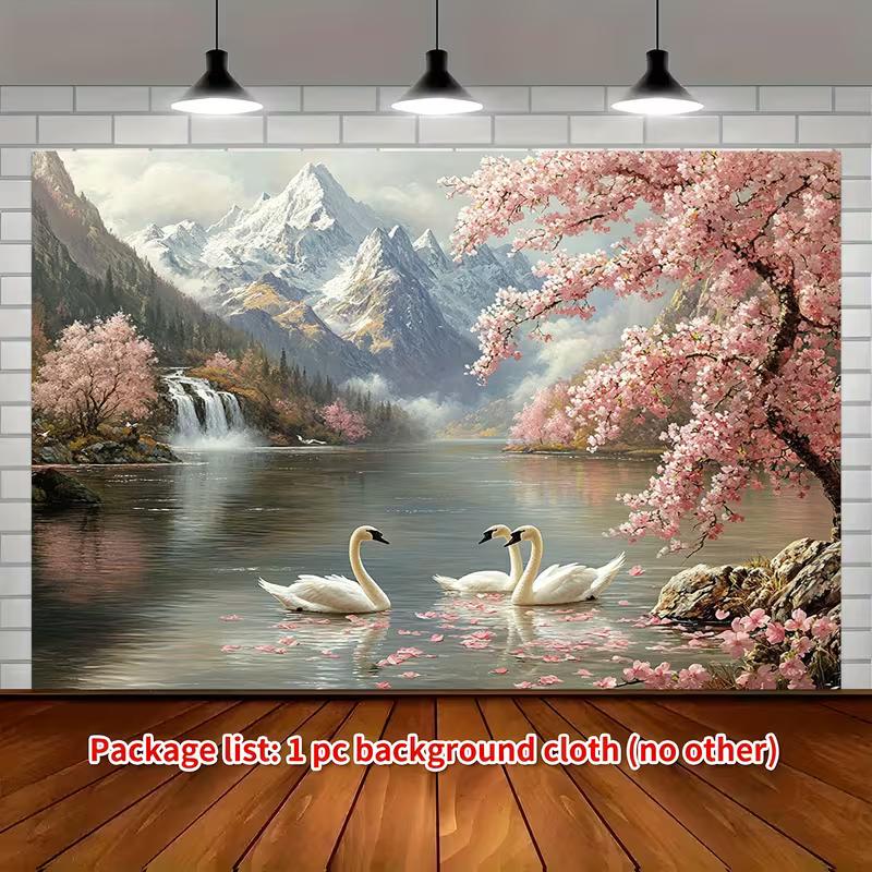 

2D Beautiful Cherry Blossom Swan Tapestry, Peaceful Lake Scenery Wall Hanging 47.2x31.5inch/120*80cm