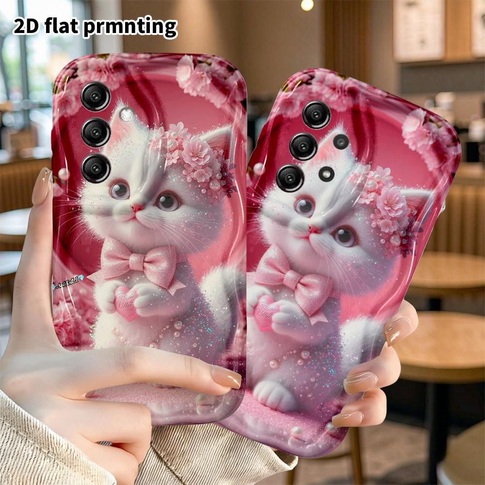 Phone Case: 2D Flat Samsung Galaxy A34 A35 M05 M06 S20 S22 S21 FE Plus 5G Case, Pink Cherry Blossom with Little White Cat, Christmas and Halloween Gif