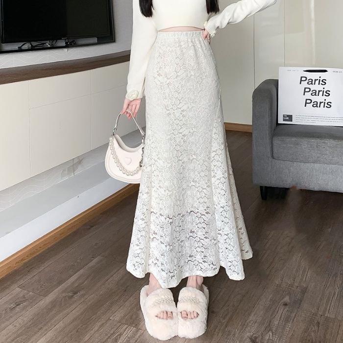 High-Waist Fishtail Lace Skirt with Ruffle and Embroidery