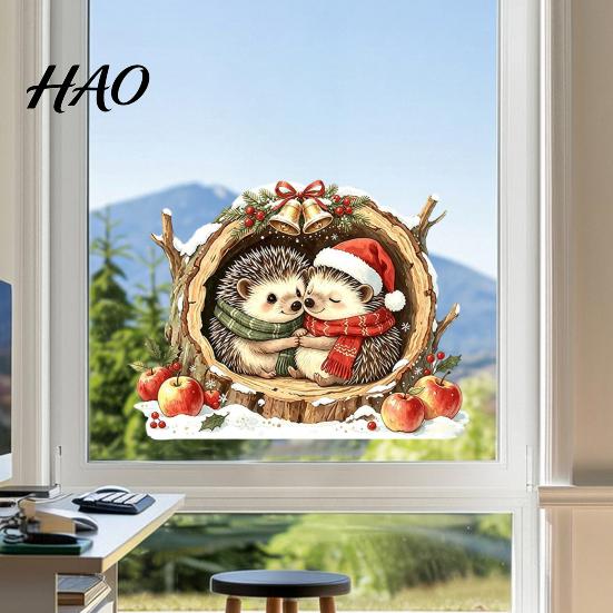 Waterproof Holiday Glass Decor Watercolor Christmas Hedgehog Static Window Cling, Cozy Tree Hole Winter Atmosphere Scenes Sticker, No?Glue