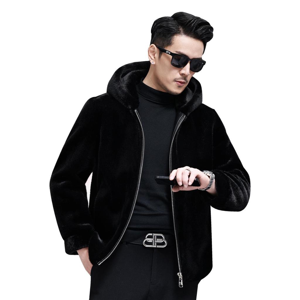 Men's Full Mink Fur Lapel Jacket - Winter Thick Faux Fur Coat