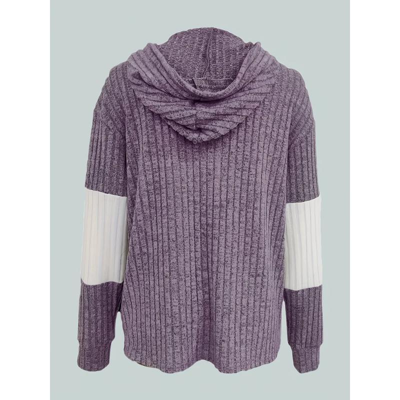 Colorblock Zip-up Hoodie-Jacke, Lässige Langarm-Kordelzug-Rippstrickjacke für Frühling & Herbst, Damenbekleidung