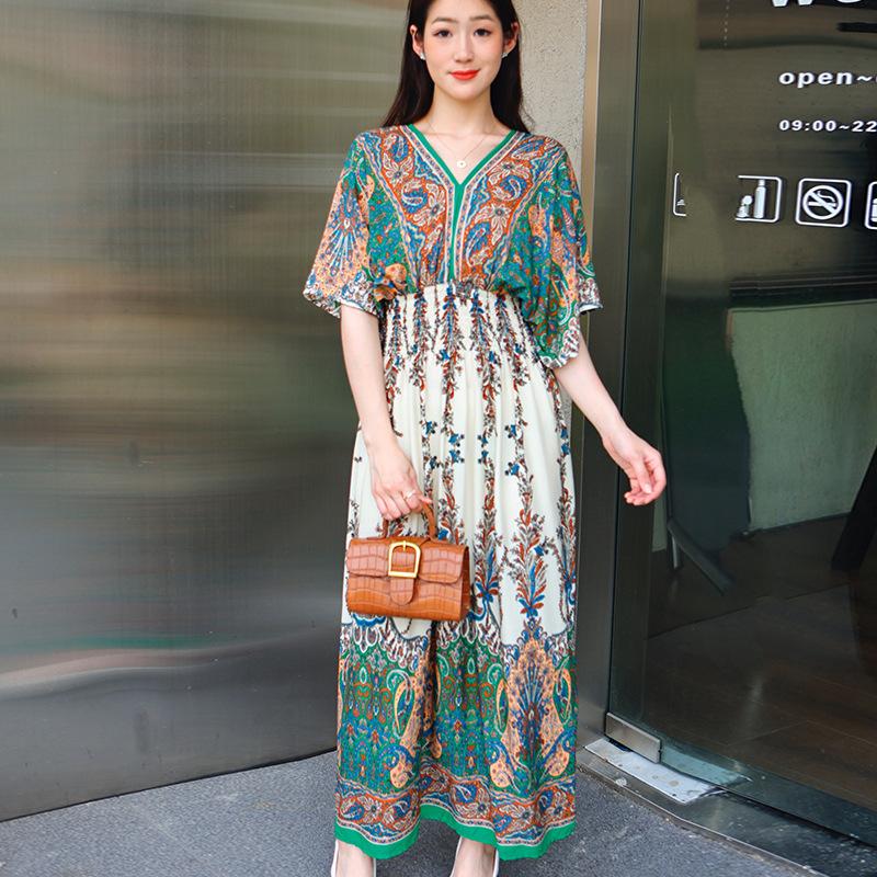 Dame Casual Blomstret V-halskjole Irregulær Tone Casual Rund hals Lang