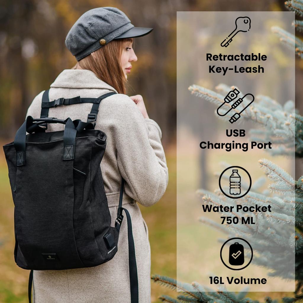 Nordace Siena II Totepack Reise-Rucksack für Männer und Frauen mit USB-Ladeanschluss Wasserdichter Tages-Buch-Reise-Rucksack, Schwarz, 40x31x10,