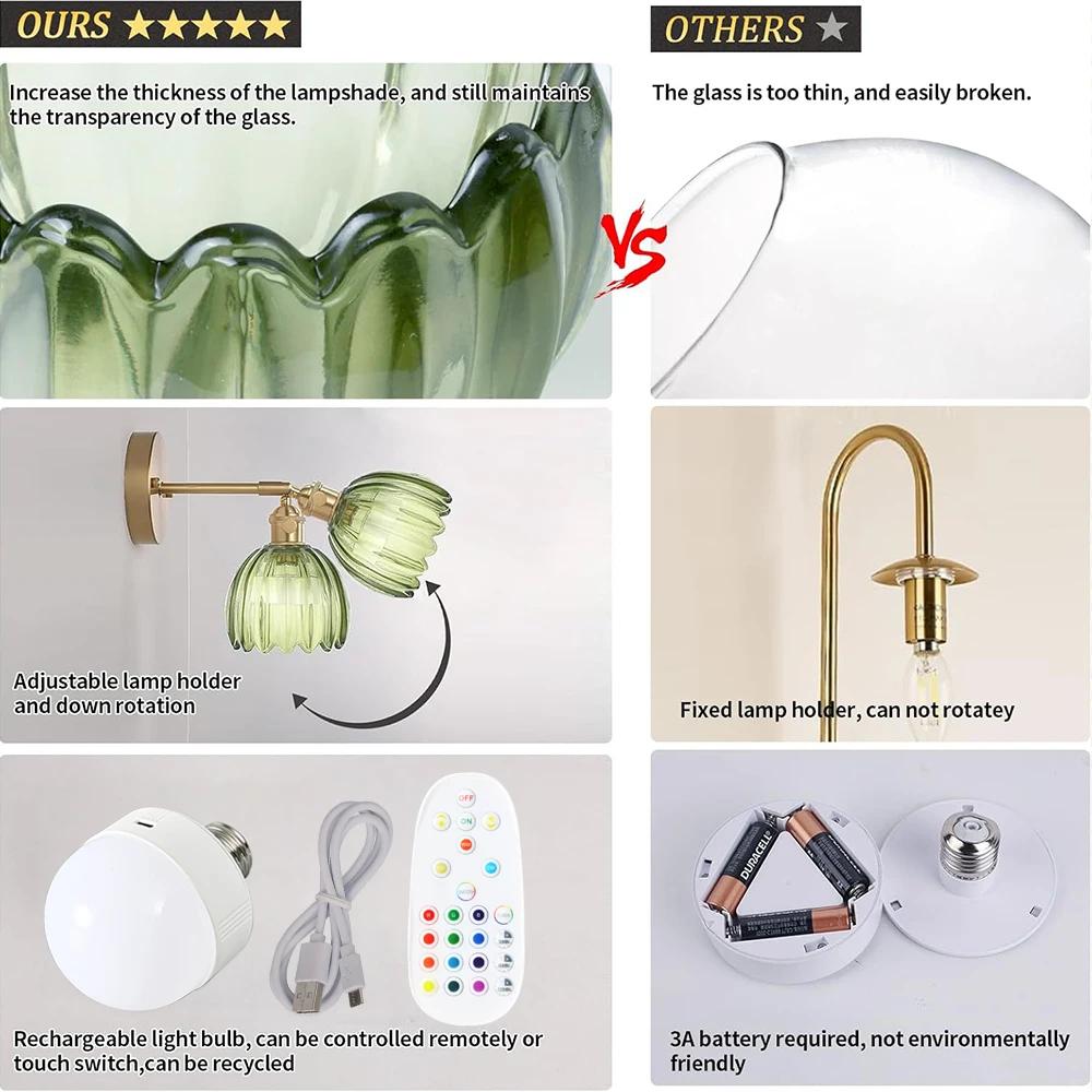 Vintage Glass Wall Sconce 2P RGB Rechargeable Bulb Wiring Free For Living Room Bedroom Study Room Cloakroom Stairwell Decor Lamp